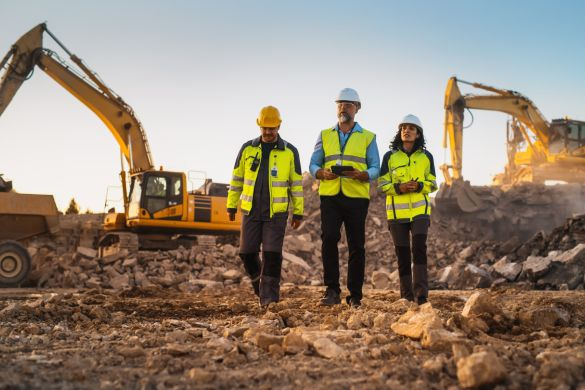 construction workers walk around at a worksite